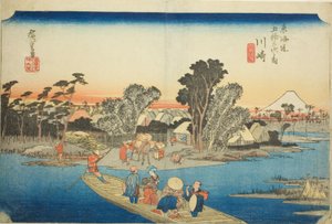 Kawasaki : Le ferry de Rokugo (Kawasaki, Rokugo watashibune), de la série "Les cinquante-trois stations du Tokaido (Tokaido gojusan tsugi no uchi)", également connue sous le nom de Hoeido Tokaido - Utagawa Hiroshige