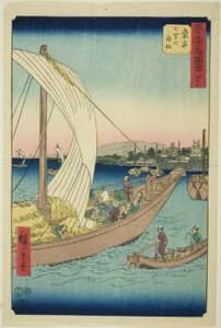 Kuwana : Bateaux de ferry à Shichiri, no. 43 de la série "Vues célèbres des cinquante-trois stations" - Utagawa Hiroshige