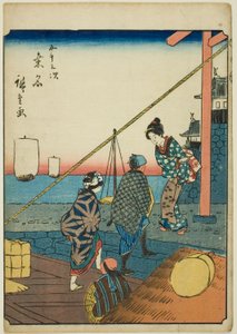 Kuwana, de la série "Les cinquante-trois stations [du Tokaido] (Gojusan tsugi)," également connue sous le nom de Tokaido des figures (Jinbutsu Tokaido) - Utagawa Hiroshige