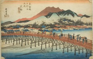 Kyoto : Le grand pont de Sanjo (Keishi, Sanjo ohashi), de la série "Les cinquante-trois stations du Tokaido (Tokaido gojusan tsugi no uchi)", également connue sous le nom de Hoeido Tokaido - Utagawa Hiroshige