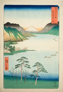 Lac Suwa dans la province de Shinano (Shinshu Suwa no mizuumi), de la série "Trente-six vues du mont Fuji (Fuji sanjurokkei)" - Utagawa Hiroshige