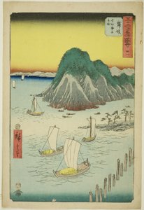 Maisaka : Bateaux traversant la mer à Imagiri (Maisaka, Imagiri kaijo funewatashi), n° 31 de la série "Vues célèbres des cinquante-trois stations (Gojusan tsugi meisho zue)", également connue sous le nom de Tokaido vertical - Utagawa Hiroshige