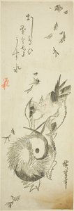 Canards mandarins traversant un étang glacé parmi les feuilles tombantes - Utagawa Hiroshige