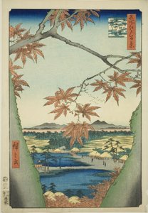 Érables à Mama, sanctuaire Tekona et pont Tsugi (Mama no momiji, Tekona no yashiro, Tsugihashi), de la série "Cent vues célèbres d