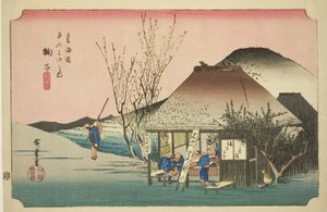 Mariko : Célèbre salon de thé (Mariko, meibutsu chamise), de la série "Les cinquante-trois stations de la route Tokaido (Tokaido gojusan tsugi no uchi)," également connue sous le nom de Hoeido Tokaido - Utagawa Hiroshige