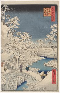 Image du crépuscule au pont du tambour à Meguro, de la série 100 Vues de lieux célèbres à Edo - Utagawa Hiroshige