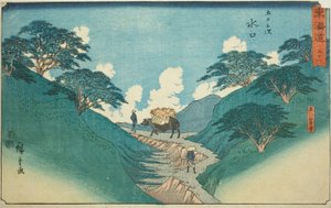 Minakuchi : Les beaux pins du mont Hiramatsu (Minakuchi, Hiramatsuyama bisho)—No. 51, de la série "Les cinquante-trois stations du Tokaido (Tokaido gojusan tsugi)", également connue sous le nom de Reisho Tokaido - Utagawa Hiroshige