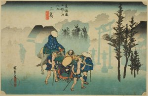 Mishima : Brume matinale (Mishima, asagiri), de la série "Les cinquante-trois stations de la route du Tokaido (Tokaido gojusan tsugi no uchi)", également connue sous le nom de Hoeido Tokaido - Utagawa Hiroshige