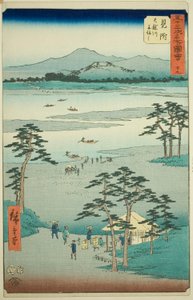 Mitsuke : Traversée en ferry sur la rivière Tenryu (Mitsuke, Tenryugawa funewatashi), no. 29 de la série "Vues célèbres des cinquante-trois stations (Gojusan tsugi meisho zue)," également connue sous le nom de Tokaido vertical - Utagawa Hiroshige