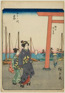 Miya, de la série "Les cinquante-trois stations [du Tokaido] (Gojusan tsugi)," également connue sous le nom de Figure Tokaido (Jinbutsu Tokaido) - Utagawa Hiroshige