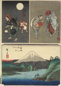 Mont Fuji vu au-dessus du lac à Hakone et 2 autres images, septembre 1858