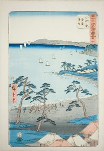Odawara : Maisons de pêcheurs sur la plage (Odawara, kaigan gyosha), n° 10 de la série "Sites célèbres des cinquante-trois stations (Gojusan tsugi meisho zue)", également connue sous le nom de Tokaïdo vertical. - Utagawa Hiroshige