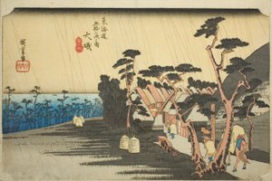 Oiso : La pluie de Tora (Oiso, Tora ga ame), de la série "Cinquante-trois stations de la route du Tokaïdo (Tokaïdo gojusan tsugi no uchi)", également connue sous le nom de Hoeido Tokaïdo.