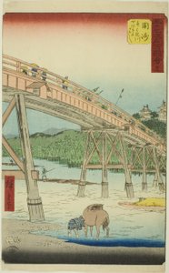 Okazaki : Pont Yahagi sur la rivière Yahagi, no. 39 de la série "Vues célèbres des cinquante-trois stations" - Utagawa Hiroshige