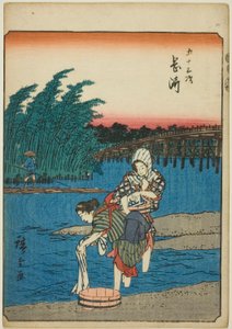 Okazaki, de la série "Les cinquante-trois stations [du Tokaido] (Gojusan tsugi)," également connue sous le nom de Tokaido des figures (Jinbutsu Tokaido) - Utagawa Hiroshige