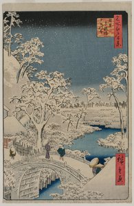 Image du crépuscule au pont du tambour à Meguro, de la série 100 Vues de lieux célèbres à Edo - Utagawa Hiroshige