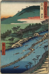 Rivière avec pièges à poissons, province de Chikugo, septembre 1855