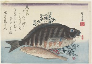 Dorade, ayu et branches de nandina, vers 1840