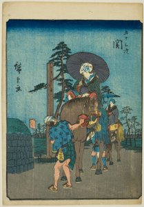Seki, de la série "Les cinquante-trois stations [du Tokaido] (Gojusan tsugi)," également connue sous le nom de Tokaido des figures (Jinbutsu Tokaido) - Utagawa Hiroshige