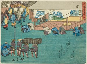 Seki, de la série "Cinquante-trois stations du Tokaido (Tokaido gojusan tsugi)", également connue sous le nom de Tokaido avec poème (Kyoka iri Tokaido)