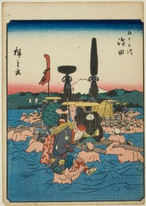 Shimada, de la série "Les cinquante-trois stations [du Tokaido] (Gojusan tsugi)", également connue sous le nom de Tokaido des figures (Jinbutsu Tokaido) - Utagawa Hiroshige