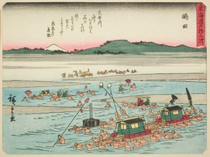 Shimada, de la série "Les cinquante-trois stations du Tokaido (Tokaido gojusan tsugi)," également connue sous le nom de Tokaido avec poème (Kyoka iri Tokaido) - Utagawa Hiroshige