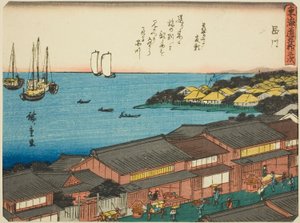 Shinagawa, de la série "Les Cinquante-trois Stations du Tokaido (Tokaido gojusan tsugi)," également connu sous le nom de Tokaido avec Poème (Kyoka iri Tokaido) - Utagawa Hiroshige