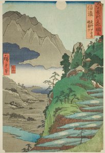 Province de Shinano : La lune reflétée dans les rizières de Sarashina près du mont Kyodai (Shinano, Sarashina tagoto no tsuki, Kyodaisan), de la série "Lieux célèbres des soixante et quelques provinces (Rokujuyoshu meisho zue)" - Utagawa Hiroshige