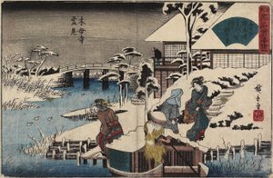 Scène de neige au temple Mokubo-ji et au restaurant Uekiya, c. 1835-1842