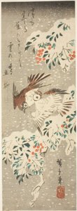Moineaux voletant autour de nandina couverte de neige alors que plus de neige tombe - Utagawa Hiroshige
