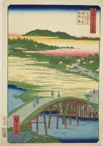 Pont Sugatami, Pont Omokage et la carrière de gravier à Takata (Takata Sugataminohashi Omokagenohashi jariba), de la série "Cent vues célèbres d