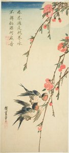 Hirondelles, fleurs de pêcher et pleine lune - Utagawa Hiroshige