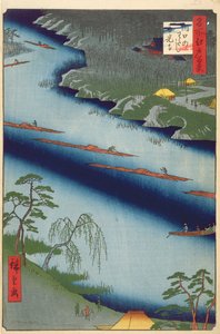 Le ferry de Kawaguchi et le temple Zenkoji de One Hundred famous views of Edo, 1857 - Utagawa Hiroshige