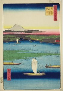 La profondeur de la séparation de la rivière à trois branches (Mitsumata Wakarenofuchi), n° 57 de la série "Cent vues célèbres d