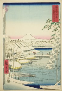 La rive à Sukiya dans la capitale orientale (Toto Sukiyagashi), de la série "Trente-six vues du mont Fuji (Fuji sanjurokkei)" - Utagawa Hiroshige