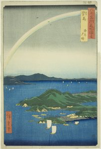 Province de Tsushima : Soirée claire sur la côte (Tsushima, Kaigan yubare), de la série "Lieux célèbres des soixante et quelques provinces (Rokujuyoshu meisho zue)" - Utagawa Hiroshige