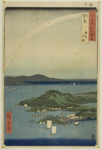Province de Tsushima : soirée claire sur la côte (Tsushima, kaigan yubare), de la série "Lieux célèbres dans les soixante provinces (Rokujuyoshu meisho zue)" - Utagawa Hiroshige