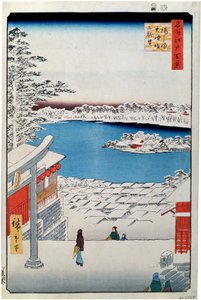 Vue du sommet de la pente au sanctuaire Tenjin à Yushima, 1856-1858 - Utagawa Hiroshige