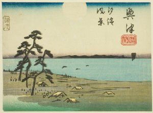 Vue de Shiohama et Kiyomigaseki à Okitsu (Okitsu, Kiyomigaseki, Shiohama fukei), section de la feuille n° 4 de la série "Images découpées de la route Tokaido (Tokaido harimaze zue)" - Utagawa Hiroshige