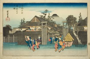 Saule à la porte du quartier des plaisirs de Shimabara (Shimabara deguchi no yanagi), de la série "Lieux célèbres de Kyoto (Kyoto meisho no uchi)" - Utagawa Hiroshige