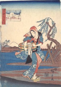 Femme lavant des vêtements près de la rivière Chofu: Six rivières Tama - Utagawa Hiroshige