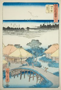 Yokkaichi : Baie de Nako et la rivière Mie (Yokkaichi, Nako no ura Miekawa), no. 44 de la série "Sites célèbres des cinquante-trois stations (Gojusan tsugi meisho zue)", également connue sous le nom de Tokaido vertical - Utagawa Hiroshige