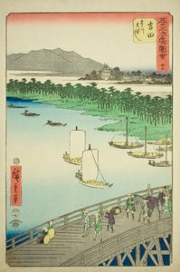 Yoshida : Grand pont sur la rivière Toyo (Yoshida, Toyokawa ohashi), no. 35 de la série "Vues célèbres des cinquante-trois stations (Gojusan tsugi meisho zue)", également connue sous le nom de Tokaido vertical - Utagawa Hiroshige
