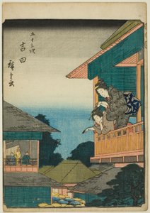 Yoshida, de la série "Les cinquante-trois stations [du Tokaido] (Gojusan tsugi)," également connue sous le nom de Tokaido des figures (Jinbutsu Tokaido) - Utagawa Hiroshige