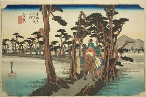 Yoshiwara : Mont Fuji à gauche (Yoshiwara, hidari Fuji), de la série "Les cinquante-trois stations de la route Tokaido (Tokaido gojusan tsugi no uchi)", également connue sous le nom de Hoeido Tokaido - Utagawa Hiroshige