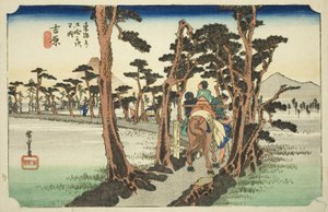 Yoshiwara : Mont Fuji à gauche (Yoshiwara, hidari Fuji), de la série "Les cinquante-trois stations de la route Tokaido (Tokaido gojusan tsugi no uchi)", également connue sous le nom de Hoeido Tokaido - Utagawa Hiroshige