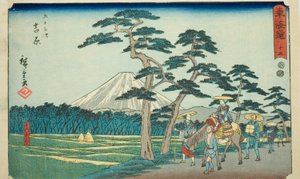 Yoshiwara : La vue célèbre du mont Fuji à gauche (Yoshiwara, meisho hidari Fuji) - N° 15, de la série "Cinquante-trois stations du Tokaido (Tokaido gojusan tsugi)", également connue sous le nom de Tokaido Reisho - Utagawa Hiroshige