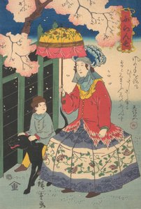 Femme française, son enfant et son chien de compagnie, 10e mois, 1860 - Utagawa Hiroshige II