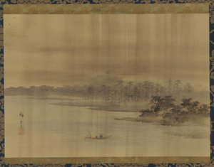 Paysage fluvial et temple sous la pluie, période Edo - Utagawa Hiroshige II