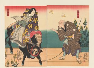 Paysans accompagnant un courtisan sur un bœuf noir - Utagawa Kunisada (I)